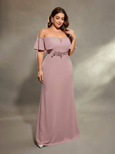Plus Size Women's Off The Shoulder Ruffle Sleeve V-neck Glitter Waist Floral Decor Mermaid Bridesmaid Dress